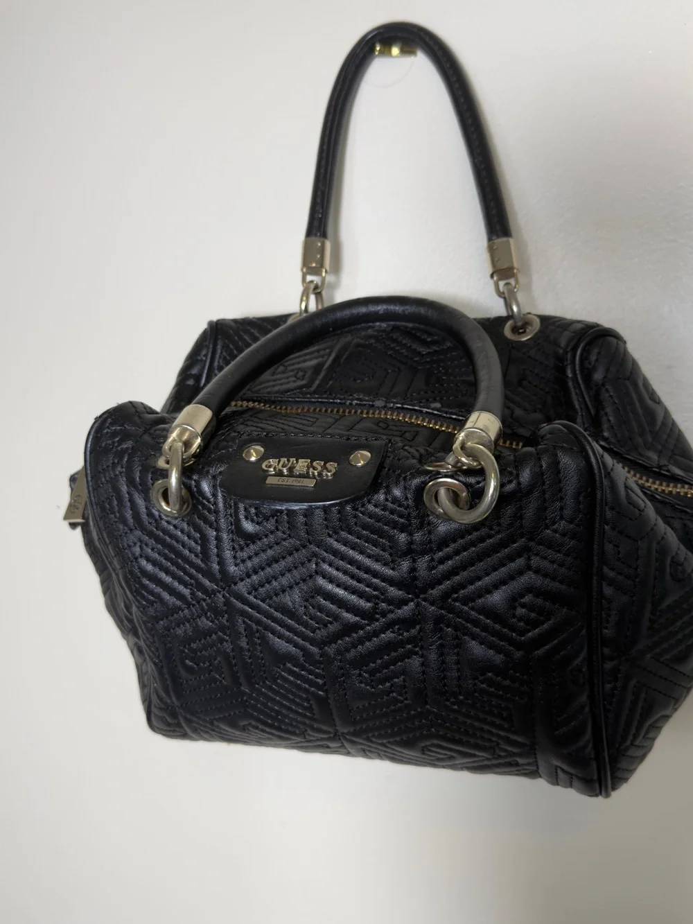 Guess Geometric Quilted Barrel Satchel Bag Black 3D Cube Top Handbag Purse
